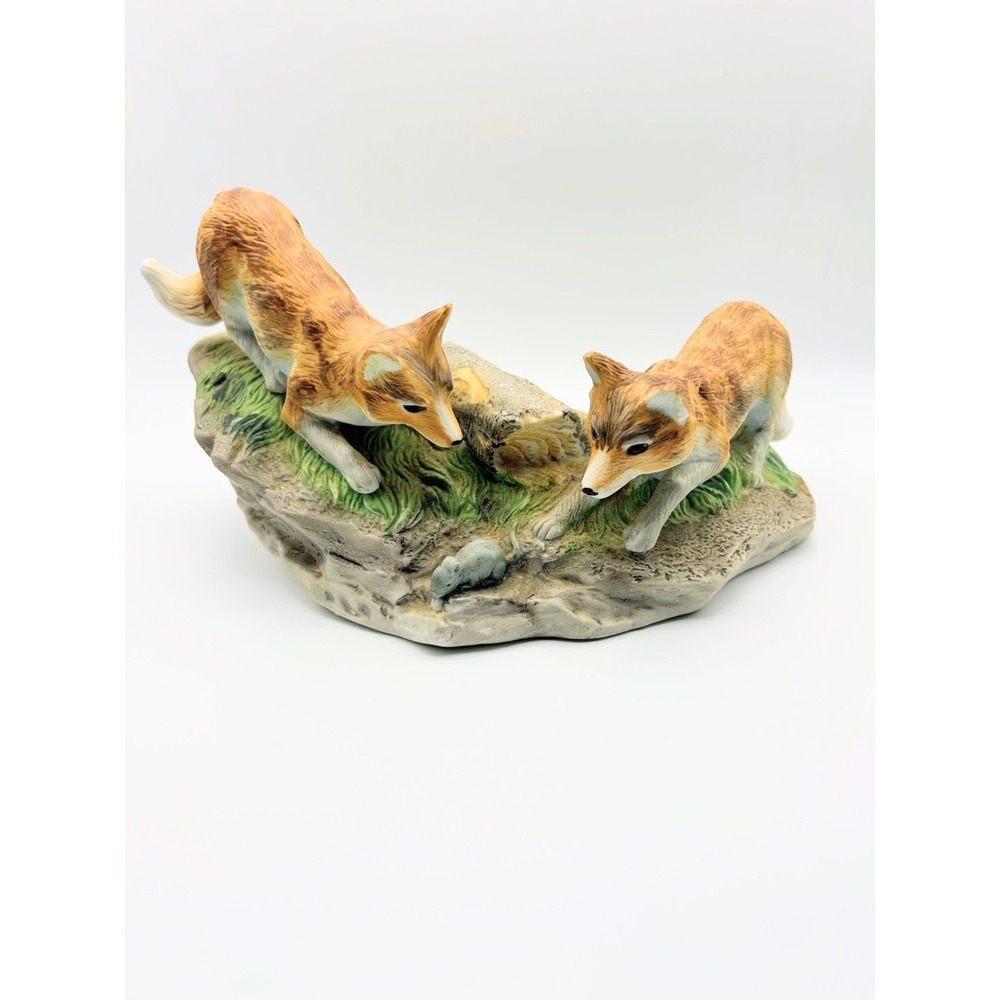 Vintage Porcelain Red Fox Pair Hunting Mouse Figurine Statue Made in Korea 9.5in